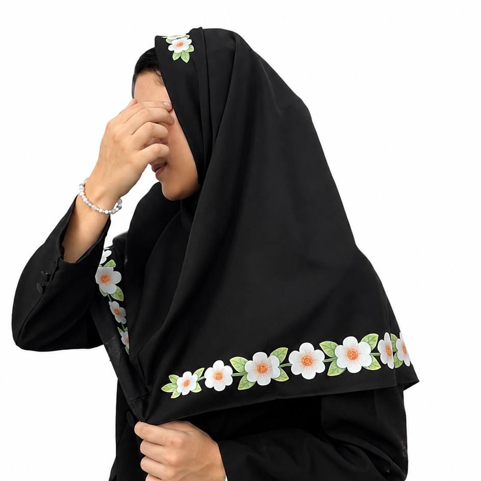 مقنعه تاج دار گل سفید (دوطرف مقنعه و قسمت تاج)مشکی بروجرد