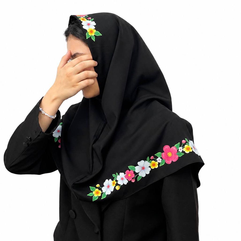 مقنعه تاجدار گل رنگی (دوطرف مقنعه و تاج گل ) مشکی بروجرد