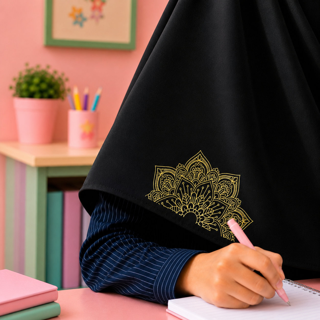 مقنعه طرحدار مشکی ماندالا بروجرد